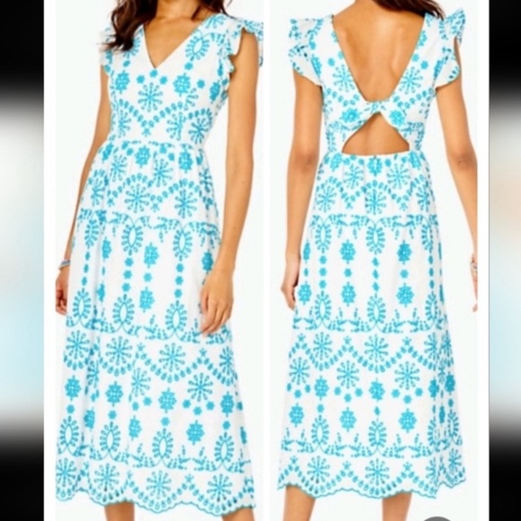 NWT Lilly Pulitzer Lillyanne Flutter Sleeve Eyelet Midi Dress Turquoise Oasis 0